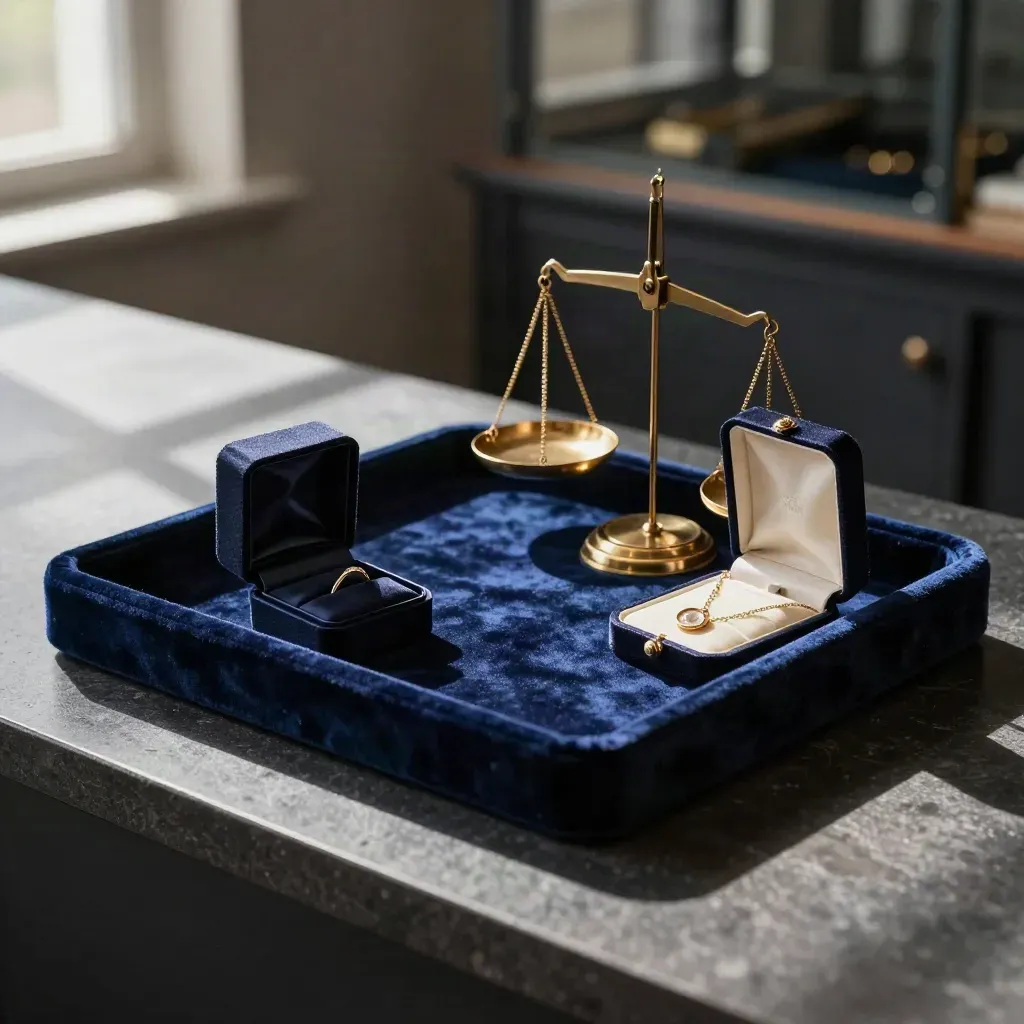 Plateau à bijoux presque vide, écrin ouvert, balance dorée sur pierre sombre